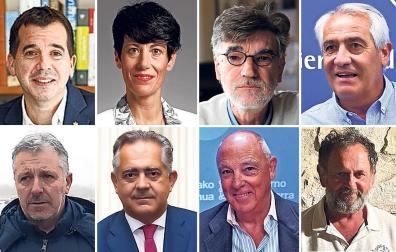 Mikel Irujo, consejero de desarrollo económico y empresarial; Elma Saiz, consejera de Economía y Hacienda; Chechu Rodríguez, secretario general de CCOO en Navarra; Jesús Santos, secretario general de UGT en Navarra; Félix Bariain, secretario general de UAGN; Juan Miguel Sucunza Nicasio, presidente de la CEN; Javier Taberna, presidente de la Cámara de Comercio e Industria; Fermín Gorráiz, presidente del EHNE en Navarra