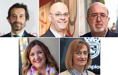 Alfredo Hernanz, delegado de Anged en Navarra; José Antonio Yela, director de Relaciones Institucionales de Eroski; Carlos Albillo, gerente de la Asociación Casco Antiguo de Pamplona; María Jesús Alonso Arteaga, Ensanche Área Comercial; Inma Elcano, gerente de la Asociación de Comerciantes de Navarra