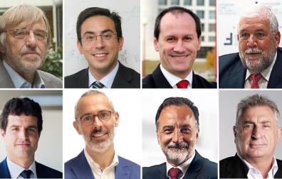Emilio Huerta, catedrático de la Universidad Pública de Navarra; Antonio Moreno Ibáñez, profesor de Economía de la Universidad de Navarra; Guillermo Barrios, catedrático de la Universidad Rey Juan Carlos; José María Aracama, presidente del Think Tank Institución Futuro; Erik Zabala, CEO de Zabala Innovation; Jorge Martínez Apesteguí, socio de Grant Thornton; José Ignacio Pérez de Albéniz, socio-director general Arpa Abogados, y Javier Pueyo Belzuz, director Foro Europeo Escuela de Negocios.