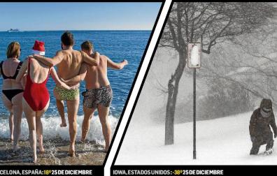 En la izquierda, un grupo de personas disfruta en la playa de Barcelona el 25 de diciembre. En la derecha, en Iowa, Estados Unidos, una persona intenta caminar en la nieve