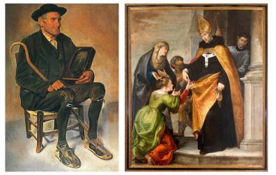 A la izquierda, Cristero, obra de Miguel Pérez Torres (c. 1918-1919) del Ayuntamiento de Tudela. A la derecha, Lienzo de santo Tomás de Villanueva por Francisco Camilo en las Agustinas Recoletas de Pamplona, mediados del siglo XVII. Foto J. L. Larrión