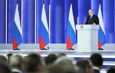 El presidente Vladimir Putin durante su discurso ante la Asamblea Federal este martes, 21 de febrero.