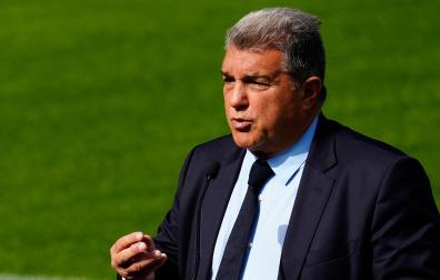 El presidente del FC Barcelona, Joan Laporta, en la presentación del sistema Kuppel de seguridad aérea, tras la cual aseguró que "en breve" dará "todas las explicaciones necesarias", respecto al caso Negreira