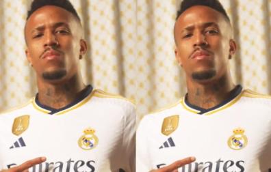 Eder Militao con la nueva camiseta del Real Madrid para la temporada 2023/2024