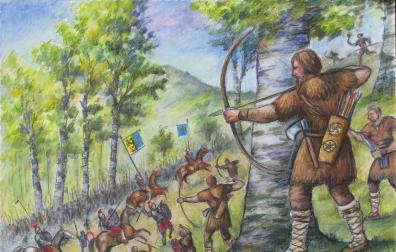Ilustración de Fidel Azkoaga que recrea la batalla de Roncesvalles del año 778, en una imagen del libro '778.Batalla de Errozabal'