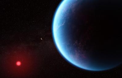 Esta ilustración muestra cómo podría verse el exoplaneta K2-18 b según datos científicos. K2-18 b, un exoplaneta 8,6 veces más masivo que la Tierra, orbita alrededor de la fría estrella enana K2-18 en la zona habitable y se encuentra a 120 años luz de la Tierra