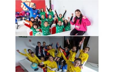 Las jugadoras de Mendialdea (arriba) y Luis Amigó (debajo), finalistas del Interescolar femenino./