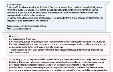 Intercambio de whatsapp entre el responsable de prisiones y el entorno de presos de ETA