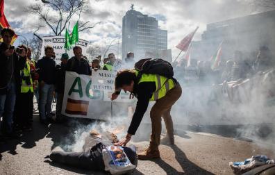 Un agricultor raja un muñeco de paja con la cara de Pedro Sánchezdurante una manifestación de agricultores hacia la Oficina de la Comisión Europea en Madrid