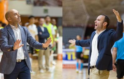Miguel Hernández, entrenador de Osasuna Magna, y Juanma Marrube, técnico del ATP Ribera, en un momento del último amistoso