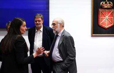 Inés Royo, jefa de gabinete de Salud, junto con Alfredo Martínez (gerente del SNS) y el consejero Fernando Domínguez ayer, en el Parlamento foral.