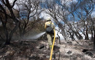 Un bombero apagando un incendio