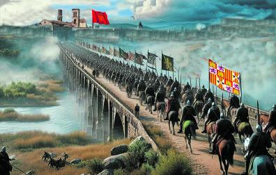 LA INVASIÓN CASTELLANA Entrada de las tropas castellanas a Tudela a través del puente del Ebro creada por Inteligencia Artificial