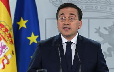 El ministro de Asuntos Exteriores, Unión Europea y Cooperación, José Manuel Albares, durante su comparecencia institucional, en el Complejo de la Moncloa
