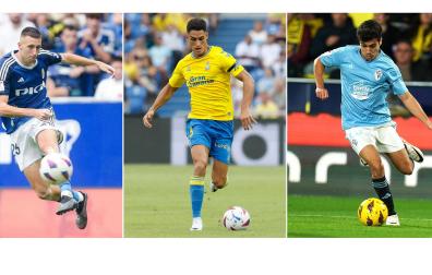 De izda. a dcha., Abel Bretones (Oviedo), Sergi Cardona (Las Palmas) y Manu Sánchez (Celta)
