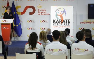La consejera Esnaola durante la presentación de los Campeonatos del Muno de Karate que se celebrarán en Pamplona