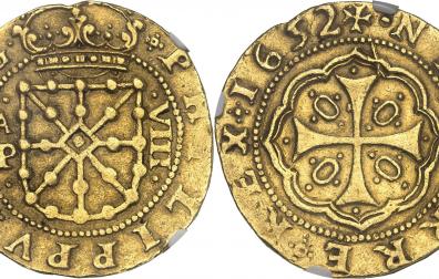 Imagen de los 8 escudos que se acuñaron en Pamplona en 1652