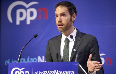 El presidente de la gestora que está al frente del PP navarro, Sergio Sayas, durante una rueda de prensa en la sede de su partido