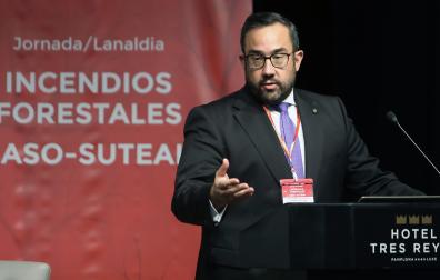 El vicepresidente Javier Remírez, durante su intervención en la jornada organizada por el Gobierno de Navarra para abordar el reto de la gestión de los incendios forestales