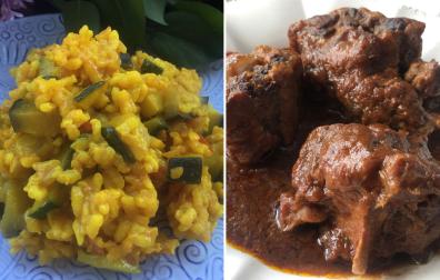 Arroz con cúrcuma y verduras y rabo de toro en salsa de sole