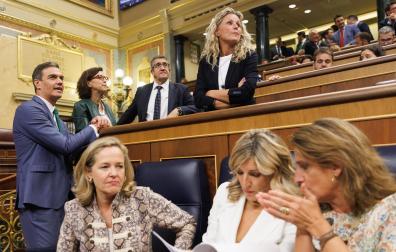 Montse Mínguez, en la parte superior de la imagen, junto a Patxi López y Pedro Sánchez en la bancada socialista