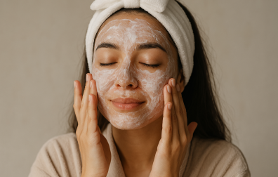 Imagen de una joven haciendose la rutina facial o skincare