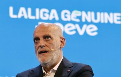 El presidente de LaLiga, Javier Tebas, este lunes 13 de octubre en un acto en Madrid /