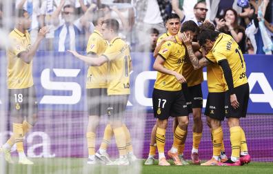Los jugadores del Espanyol celebran el tanto de Carlos Romero que sirvió para derrotar al Elche /