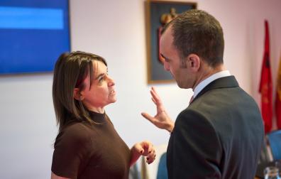 La vicepresidenta y consejera de Vivienda y Justicia, Begoña Alfaro, dialoga con el parlamentario de UPN Ángel Ansa esta tarde.