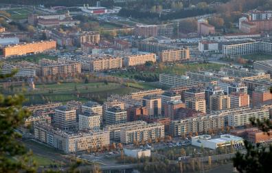 Vista aérea de Nuevo Artica, perteneciente a Berrioplano y el vecino barrio de Buztintxuri  en Pamplona