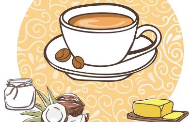 Dibujo de una taza de café con varios alimentos alrededor
