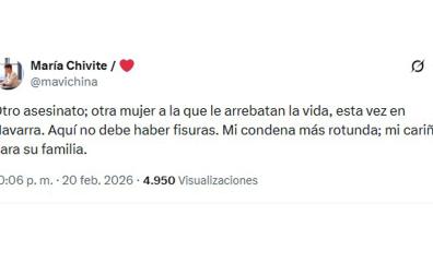 Mensaje de la presidenta del Gobierno de Navarra, María Chivite, condenando el asesinato de una mujer en Sarriguren