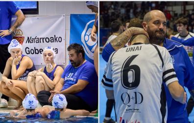 Imanol Maiza, técnico del WP Iruña 98 02, da órdenes al equipo y Kapu, tras la eliminación copera del TAFA