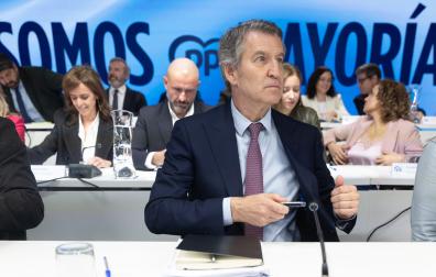 El presidente del Partido Popular, Alberto Núñez Feijóo, a su llegada a la reunión de la Junta Directiva Nacional del partido en la sede del PP, este lunes