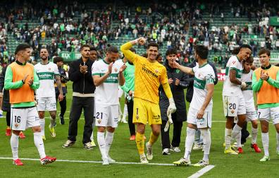 Los jugadores del Elche celebran su victoria sobre el Mallorca tras finalizar el encuentro