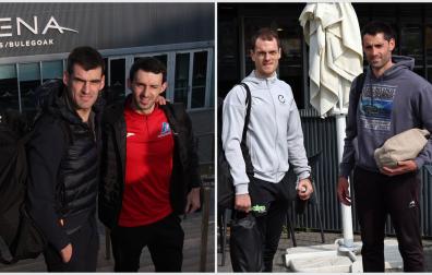 Joseba Ezkurdia, Jokin Altuna, Unai Laso y Jon Ander Peña, la mañana del lunes en el Navarra Arena.