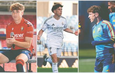 Tres imágenes de Víctor en el último año: con el Real Madrid Castilla en Primera RFEF, con Osasuna el día de su presentación en El Sadar y ayer con España