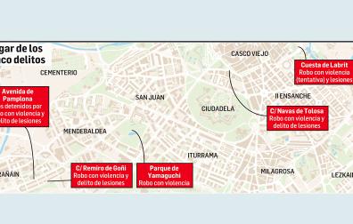 Mapa con la ubicación de delitos ocurridos en Pamplona