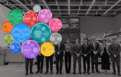 La presidenta María Chivite; el consejero de Industria, Mikel Irujo, y otros miembros de la delegación navarra que viajó a Corea, en la sede central de Hyundai, en Seúl