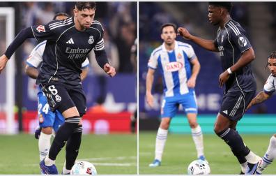Valverde (izda.) y Tchouaméni (dcha.) en momentos diferentes del encuentro de LaLIga contra el Espanyol