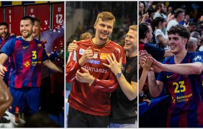 Antonio Bazán, Sergey Hernández y Adrián Sola, celebrando el pase a la Final a 4 de la Liga de Campeones conseguido por sus diferentes equipos.