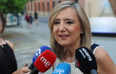 Cristina Ibarrola, presidenta de UPN, comparece ante los periodistas antes de entrar en el Parlamento Foral