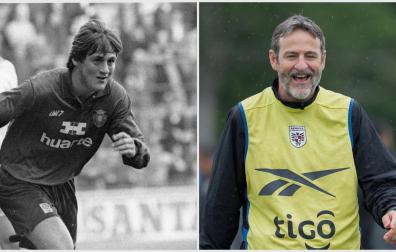 Thomas Christiansen, en una imagen en El Sadar en 1994 con la camiseta de Osasuna y en otra actual dirigiendo a Panamá en una sesión en el Mundial