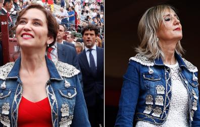 Isabel Díaz Ayuso (izda.) en una imagen publicada por Mujer Hoy, con la cazadora que Cristina Ibarrola (dcha..) lució en la corrida del jueves 9 de julio de 2026