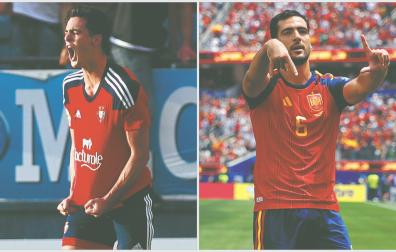 En la imagen de la izquierda Mikel Merino celebra un gol ante el Nàstic de Tarragona (2016). A la derecha el pamplonés, tras anotar contra Bélgica en el Mundial (2026).