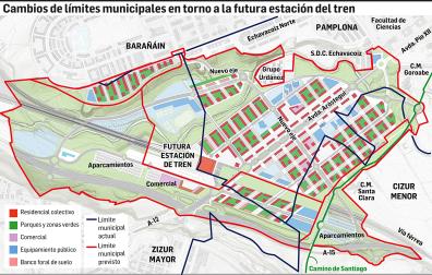 Mapa con los cambios de los límites municipales en torno a la futura estación de tren
