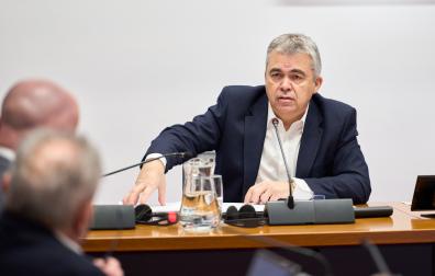 Santos Cerdán, durante su comparecencia el pasado febrero en la comisión de investigación del Parlamento de Navarra