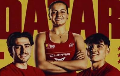 Cartel promocional del Mundial de Qatar de pádel con los jugadores navarros Jon Sanz, Martina Calvo y Aimar Goñi