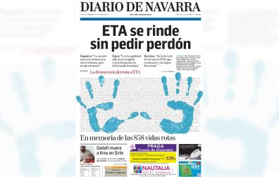 Portada de Diario de Navarra del 21 de octubre de 2011 con el anuncio de la banda terrorista ETA