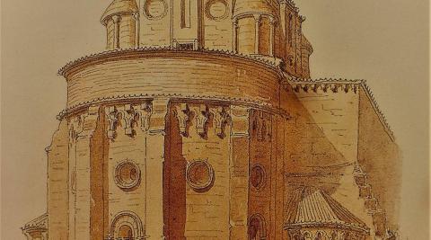 Monasterio de Santa María de Irache. Según Laffi, “enorme y hermoso convento que posee gran riqueza y parece una ciudad”. Dibujo a lápiz y acuarela sobre papel de Jaime Serra y Gibert. Monasterio de Santa María de Irache. Según Laffi, “enorme y hermoso convento que posee gran riqueza y parece una ciudad”. Dibujo a lápiz y acuarela sobre papel de Jaime Serra y Gibert.